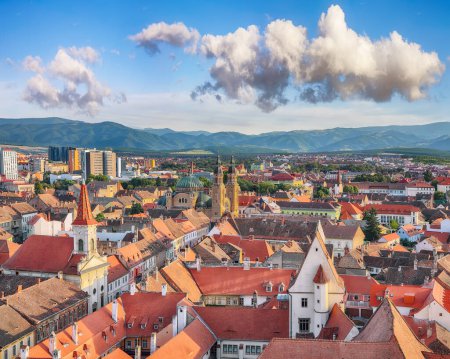 Amazing View from bell tower of St Mary Cathedral on the Old Town in Sibiu city. Impressive scene of Transylvania.  Location: Sibiu, Transylvania region, Romania, Europe