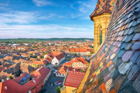 Amazing View from bell tower of St Mary Cathedral on the Old Town in Sibiu city. Impressive scene of Transylvania.  Location: Sibiu, Transylvania region, Romania, Europe