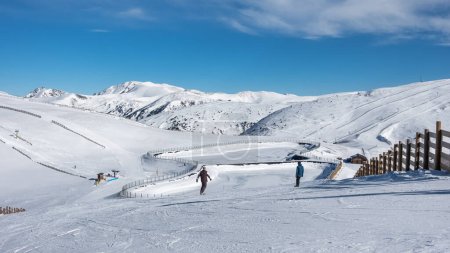 Panoramic view of the snowy slopes at the top of the ski resort of Grandvalira, Pyrenees, Andorra