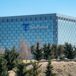 Madrid, Spain, February 4, 2023: Glass and metal building of the multinational Telefonica at its headquarters
