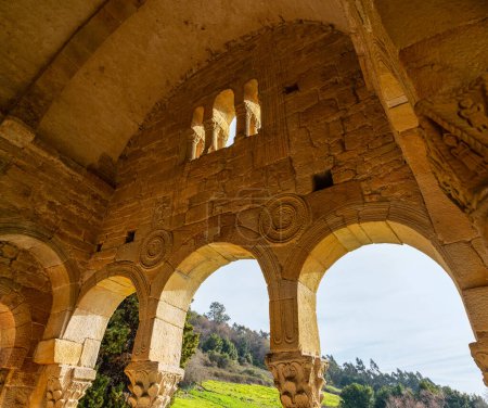 Architectural detail of the famous Romanesque church of Oviedo, Santa Maria del Naranco, Asturias.