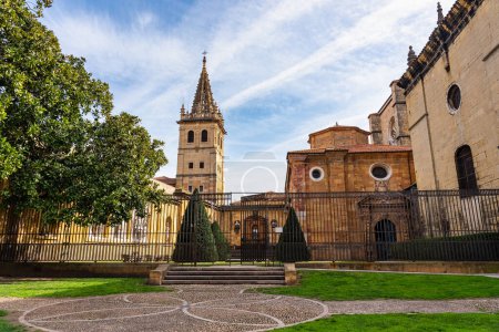 Courtyard of the Gothic cathedral of Oviedo with gardens and iron bars, Asturias, Oviedo