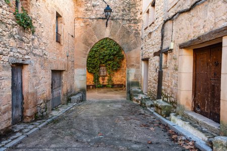 Maisons anciennes et arche en pierre dans le mur entourant le pittoresque village de Palazuelos, Espagne