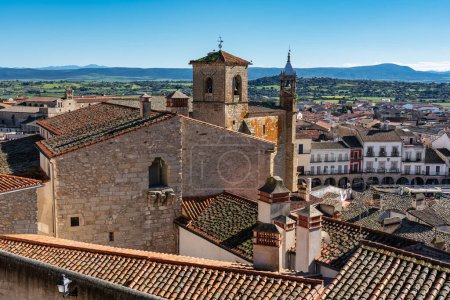 Panoramic view of the monumental city of Trujillo with the stone church towers on the rooftops, Spain