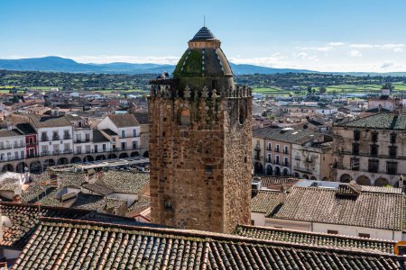 Panoramic view of the monumental city of Trujillo with the stone church towers on the rooftops, Spain.