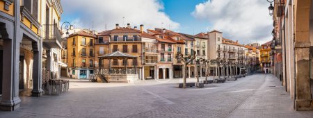 Panoramic view of the beautiful main square of Aranda de Duero with its colourful houses, Burgos
