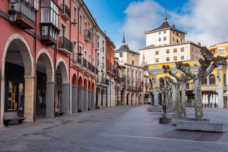 Beautiful main square with arcades around it and old buildings in Aranda de Duero, Burgos.