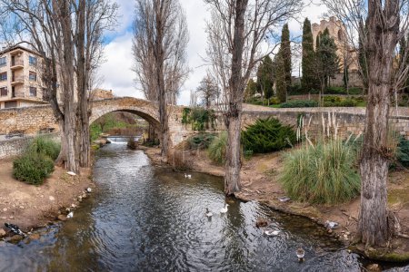 Römische Steinbrücke über einen kleinen Bach, der die Stadt Aranda de Duero, Burgos, durchquert