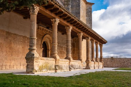 Arcades with medieval stone columns in an old church near Aranda de Duero, Spain.