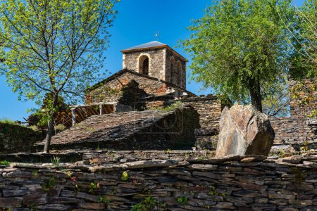 Photo for Church tower in the northern highlands of Guadalajara, Campillo Ranas, Spain - Royalty Free Image
