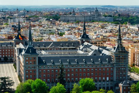 Historic buildings in the city of Madrid from a birds eye view from above, Spain