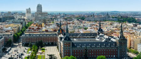 Great panoramic view of the city of Madrid with historical and monumental buildings, Spain