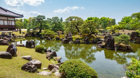 Panoramic view of a typical Japanese garden in an image that conveys serenity and peace, Kyoto, Japan