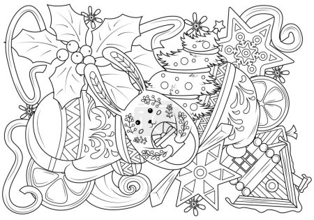 Téléchargez les photos : Livre à colorier Doodle pour enfants sur le thème de Noël avec un lapin au milieu. Éléments drôles de vacances du Nouvel An. Illustration vectorielle - en image libre de droit