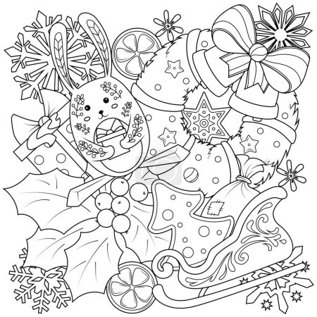 Coloring Doodle on the theme of Christmas and New Year. Funny elements of New Year holidays. Vector illustration