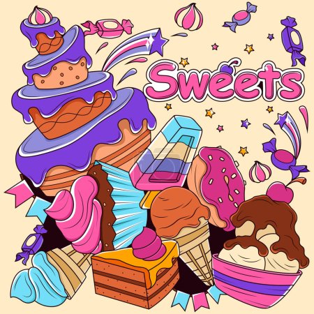 Süßigkeiten. Gekritzelte Illustration verschiedener Arten von Süßigkeiten. Vektorillustration