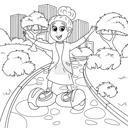 Ein Mädchen fährt im Park auf einem Kreisel. Malbuch für Kinder. Vektorillustration