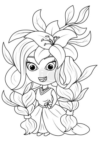 Ilustración de Girl with flowers in her hair. Princess Lily. Coloring book for children. Vector illustration - Imagen libre de derechos