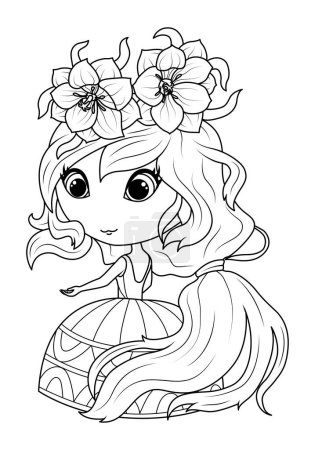 Ilustración de Girl with flowers in her hair. Princess balloon flower. Coloring book for children. Vector illustration - Imagen libre de derechos