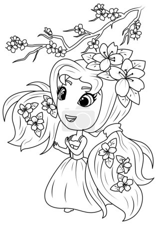 Ilustración de Girl with flowers in her hair. Princess Sakura. Coloring book for children. Vector illustration - Imagen libre de derechos