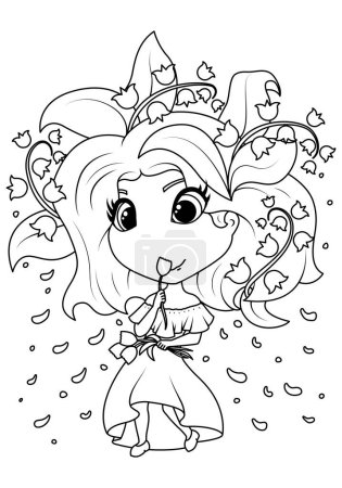 Ilustración de Girl with flowers in her hair. Princess lilies of the valley. Coloring book for children. Vector illustration - Imagen libre de derechos