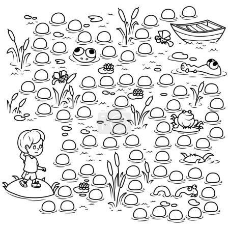 Téléchargez les photos : Puzzle for children. Labyrinth. Coloring page outline of the swamp through which the boy must be led. Coloring book for children. - en image libre de droit