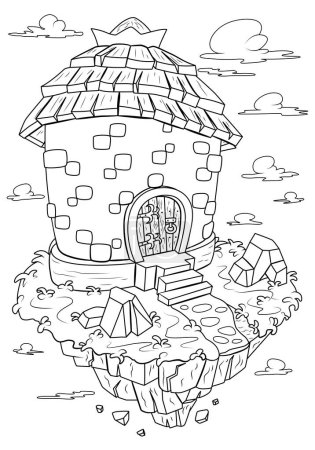 Téléchargez les illustrations : Coloring book for children. Fairytale tower on a flying island. The task for children can be used in a book or magazine. - en licence libre de droit