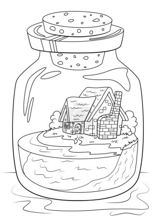 Téléchargez les photos : Coloring book for children. Fairytale house by the pond in the bank. The task for children can be used in a book or magazine. - en image libre de droit