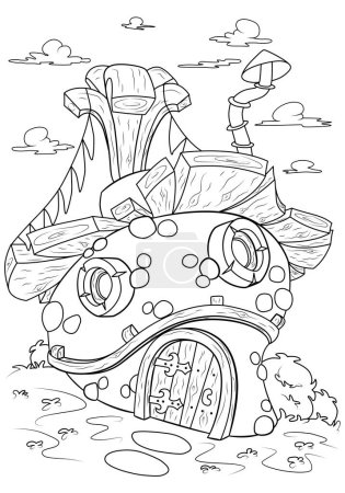 Téléchargez les illustrations : Coloring book for children. Fairytale stone house with a wooden roof. The task for children can be used in a book or magazine. - en licence libre de droit