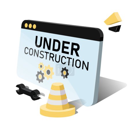 Illustration for Website under construction. 3D model of a computer screen with gears and a construction cone. Vector graphics on a white background - Royalty Free Image