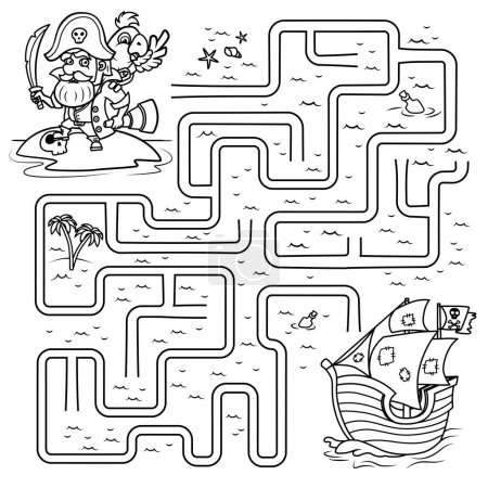 Téléchargez les photos : Puzzle pour enfants. Labyrinthe. Colorier le contour du labyrinthe dans lequel vous devez aider le pirate à trouver son chemin vers le navire. Livre à colorier pour enfants. - en image libre de droit