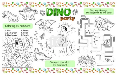 Téléchargez les photos : Serviette de fête pour les enfants. Tapis imprimable "Dino party" avec un labyrinthe, reliez les points et la coloration pour les nombres. Fichier vectoriel imprimable de 17x11 pouces - en image libre de droit