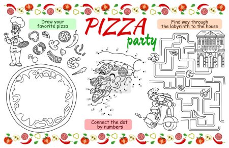 Téléchargez les photos : Serviette de fête pour les enfants. Tapis imprimable "Pizza party" avec un labyrinthe, relier les points, et une page à colorier. Fichier vectoriel imprimable de 17x11 pouces - en image libre de droit