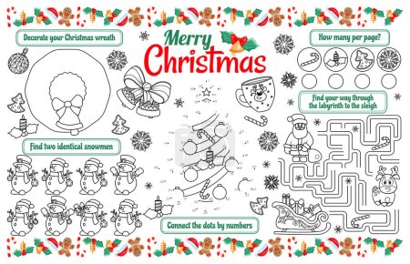 Téléchargez les photos : Serviette de fête pour les enfants. Tapis imprimable "Joyeux Noël" avec un labyrinthe, relier les points, et une page à colorier. Fichier vectoriel imprimable de 17x11 pouces - en image libre de droit