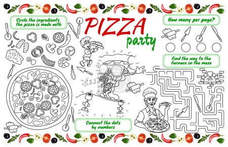 Téléchargez les photos : Serviette de fête pour les enfants ayant des tâches. Tapis imprimable "Pizza Party" avec labyrinthe, relier les points et le livre à colorier. Fichier vectoriel imprimable de 17x11 pouces - en image libre de droit