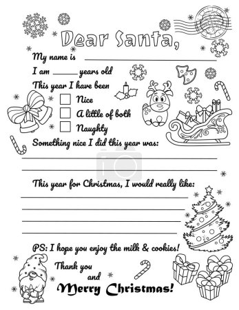 Ilustración de Dibujo para colorear Carta a Santa. Para imprimir. Lista de deseos navideños. Plantilla para niños - Imagen libre de derechos