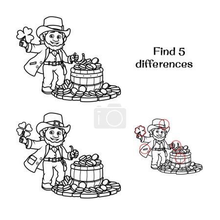 Téléchargez les photos : Leprechaun with clover and coins. Find 5 differences. Tasks for children. vector illustration - en image libre de droit