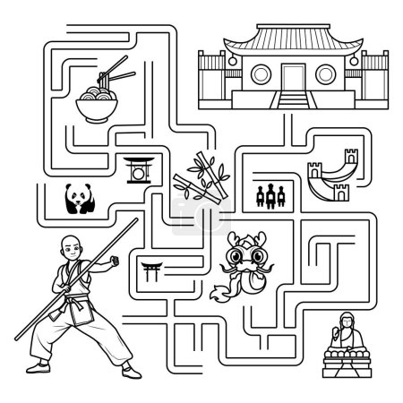 Ilustración de Puzzle para niños. Laberinto. Tienes que encontrar el camino del monje al templo Shaolin. Libro para colorear para niños - Imagen libre de derechos