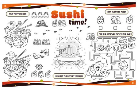 Téléchargez les illustrations : Printable placemat for kids. Activity sheet "Sushi time" with a labyrinth, connect the dots and find the differences. 17x11 inch printable vector file - en licence libre de droit