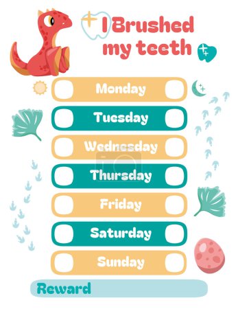 Daily teeth brushing schedule for children. Getting kids used to brushing their teeth every day with the cute Dinosaur