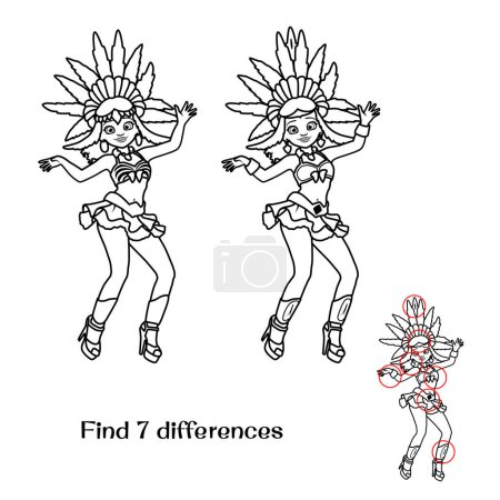 A Brazilian girl dances in a carnival costume. Find 7 differences. Tasks for children. Vector illustration