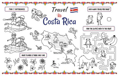 A fun placemat for kids. Printable to Travel to Costa Rica activity sheet with a labyrinth, find the differences and find the same ones. 17x11 inch printable vector file