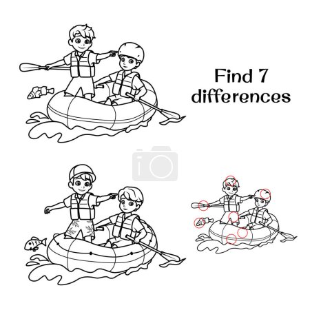Ilustración de Un niño y una niña bajan por el río en un bote inflable. Encuentra 7 diferencias. Tareas para niños. Ilustración vectorial - Imagen libre de derechos