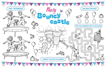 Festive placemat for children. Printable activity sheet "Party in Bouncy castle" with a labyrinth, connect the dots, find the difference. 17x11 inch printable. Vector file