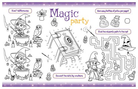 Festive placemat for children. Printable activity sheet "Magic party" with a labyrinth, connect the dots, find the difference. 17x11 inch printable. Vector file