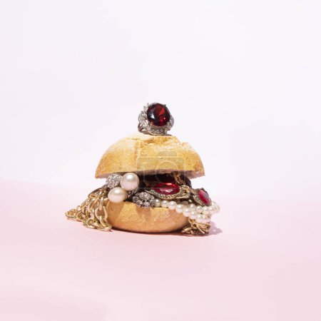 Foto de Bijoux en un bollo de hamburguesa, concepto creativo, comida chatarra, moda chatarra. - Imagen libre de derechos