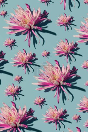 Foto de Flores frescas rosadas sobre un fondo azul pastel, patrón floral creativo, triste, deprimido, melancólica paleta de colores. - Imagen libre de derechos