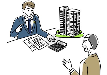 contador de impuestos hombre, contador certificado explica al hombre acerca de la ilustración inmobiliaria
