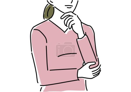 A woman in a pink blouse is worried