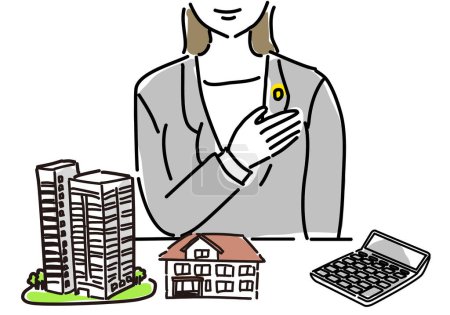 femme évaluateur immobilier main sur sa poitrine dessin illustration